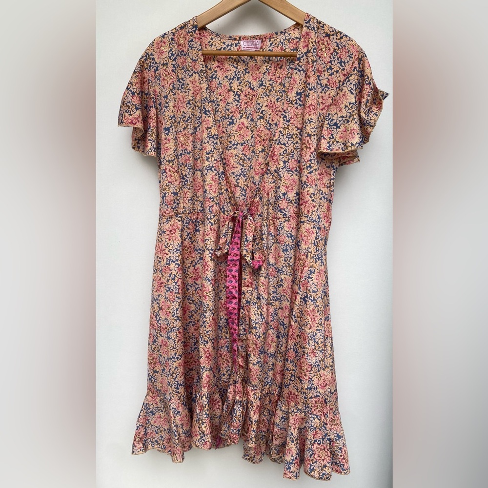 Cienna Designs Floral (pink/blue/gold) Print Top with open front and tie - Large
